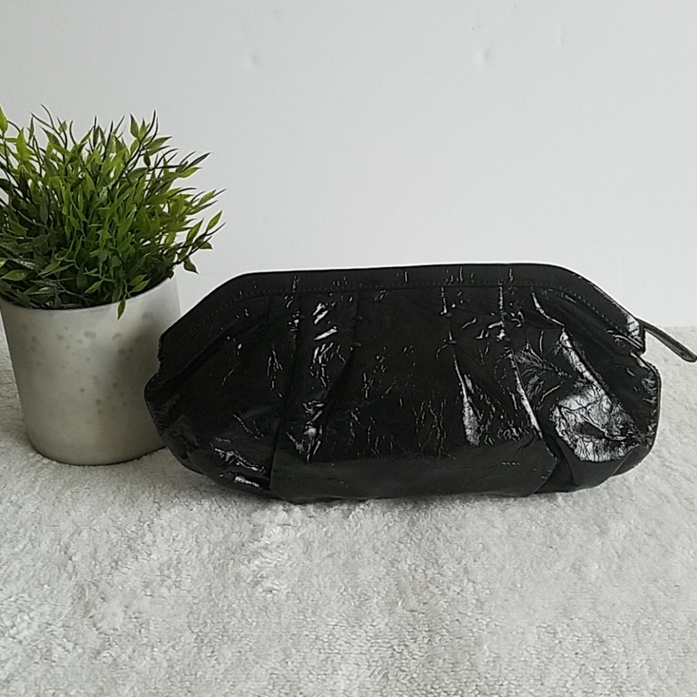 Black Patent Clutch Zip Closure and Gold Interior